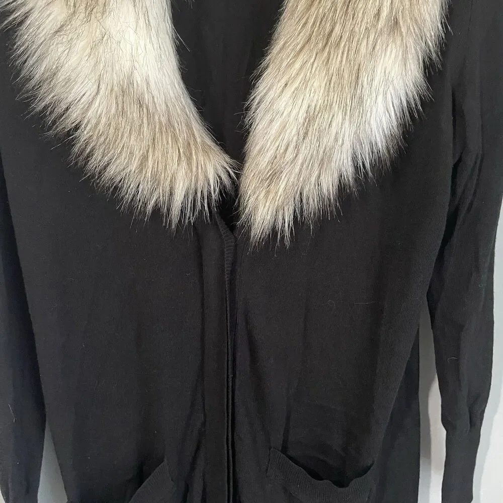 LOFT Faux Fur Collar Wool Blend Black Cardigan Size M Pockets Lightweight Button